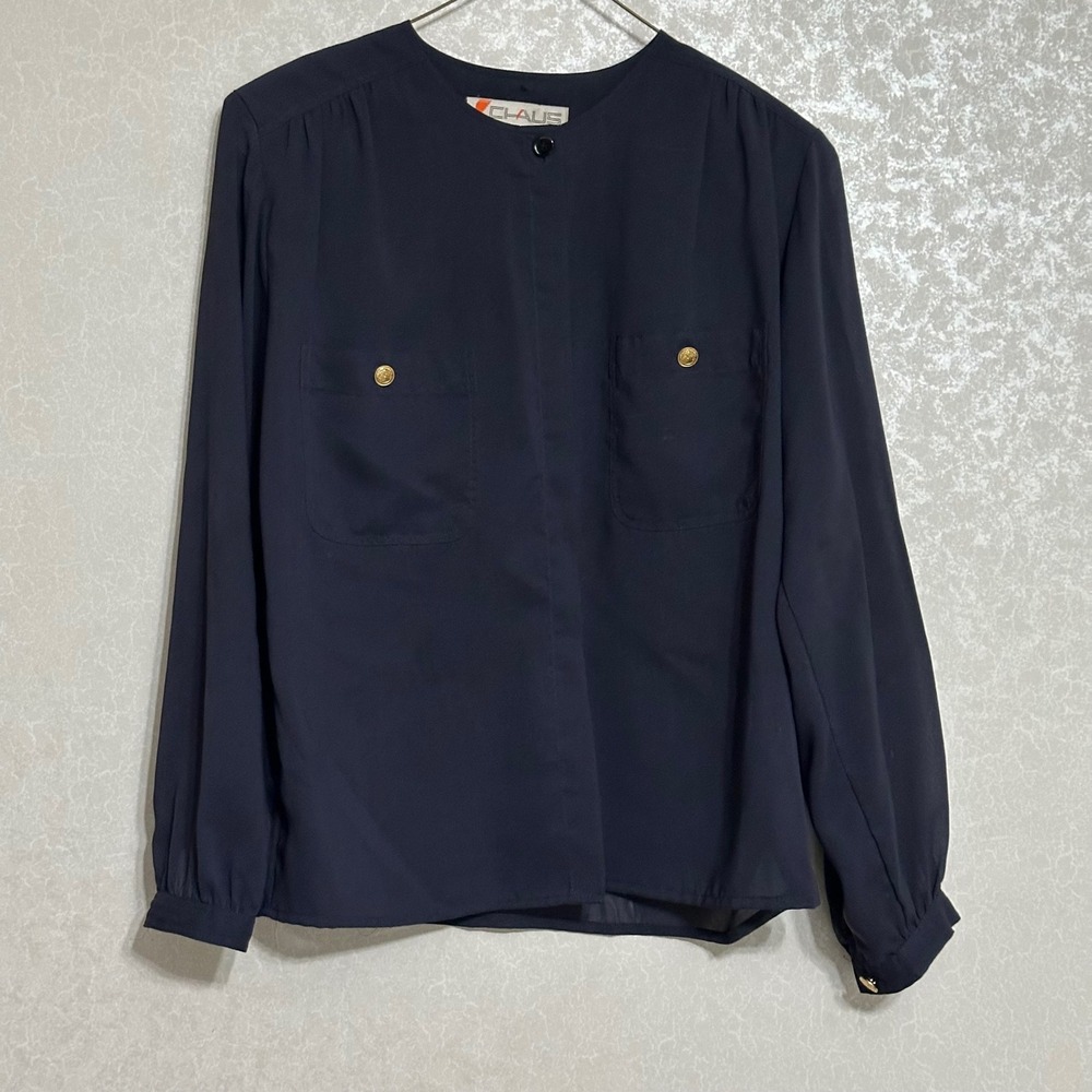 Chaus VTG Navy Blue Long Sleeve Button Front Blouse Top Gold Button Accent Sz 10